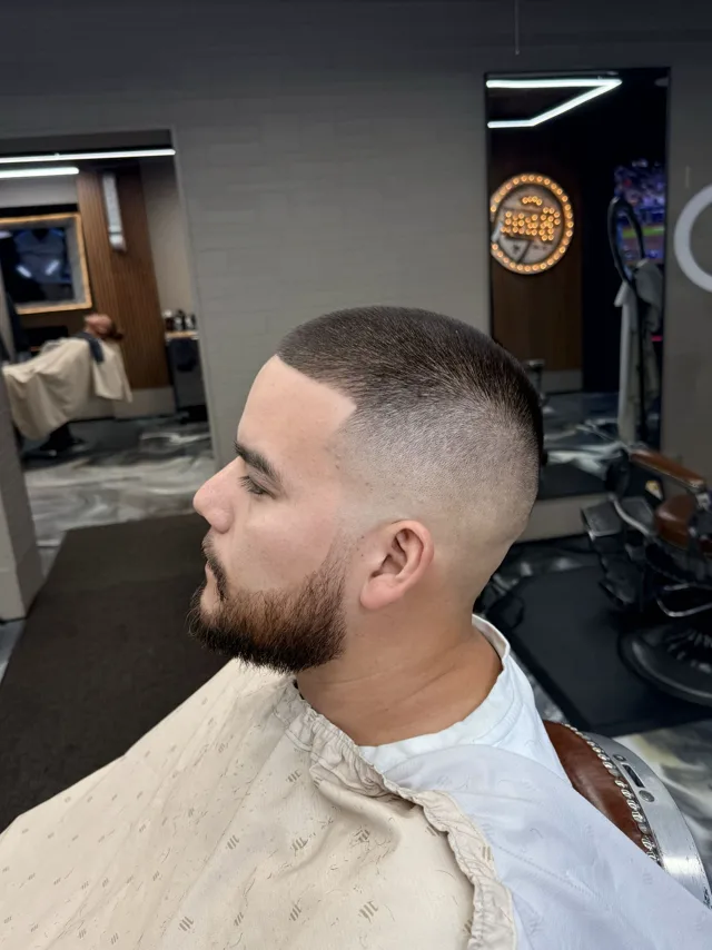 Low fade with a clean line-up, cut at BR Barber Lounge